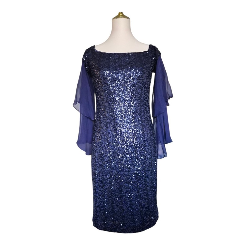 Rickie Freeman Teri Jon Navy Sequin Silk Chiffon Sleeve Cocktail Dress 10 New